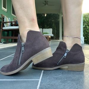 brown suede booties with zippers